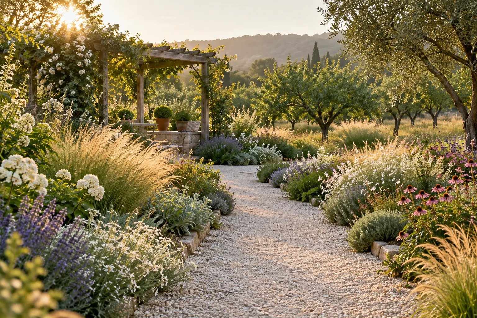 Allée de gravier au milieu de fleurs et graminées