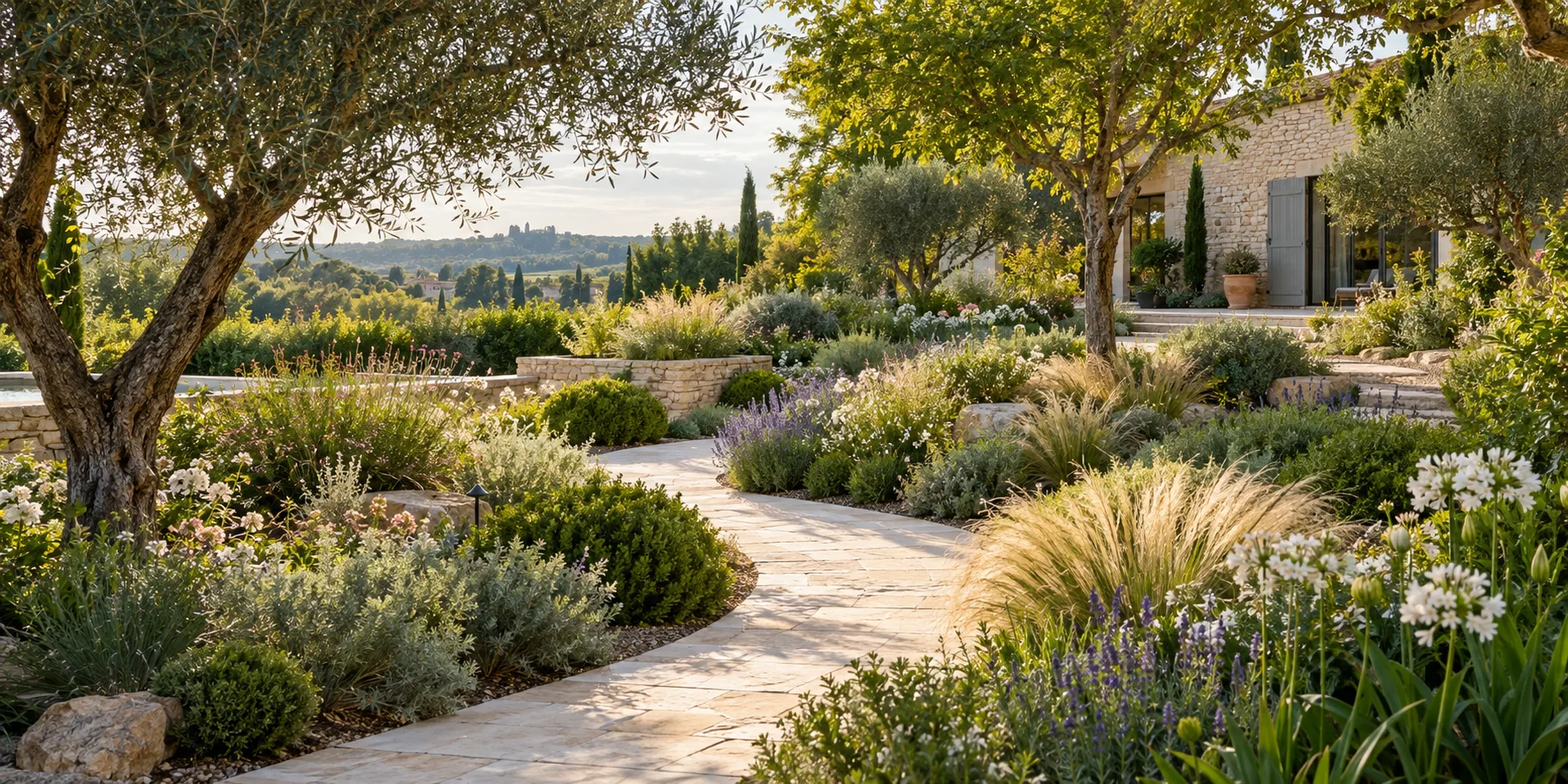 Jardin planté avec allée en pierre et arbres sous une lumière de fin de journée